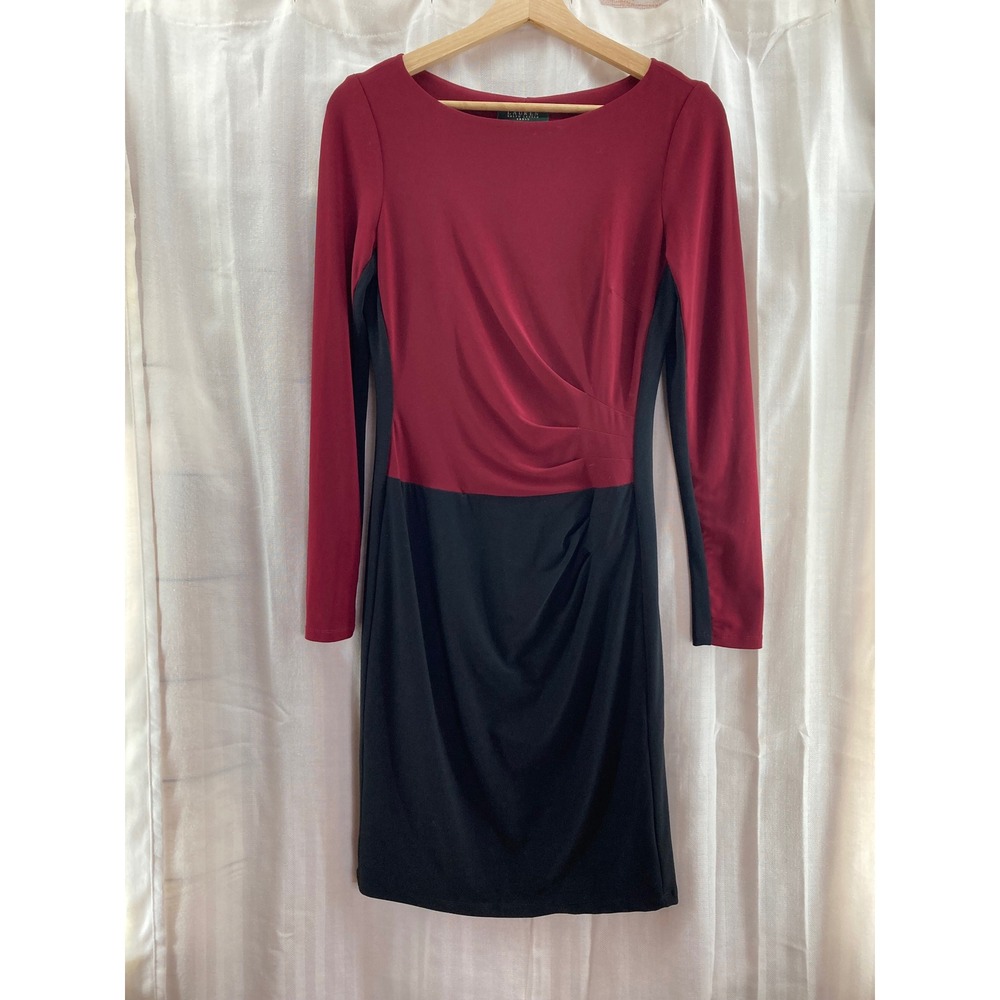 Lauren Ralph Lauren Dark Red Black Sheath‎ Dress Long Sleeve Cocktail Party S/M